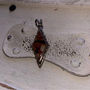 Geometric Fire Opal Native American Art Pendant in Sterling Silver; marked